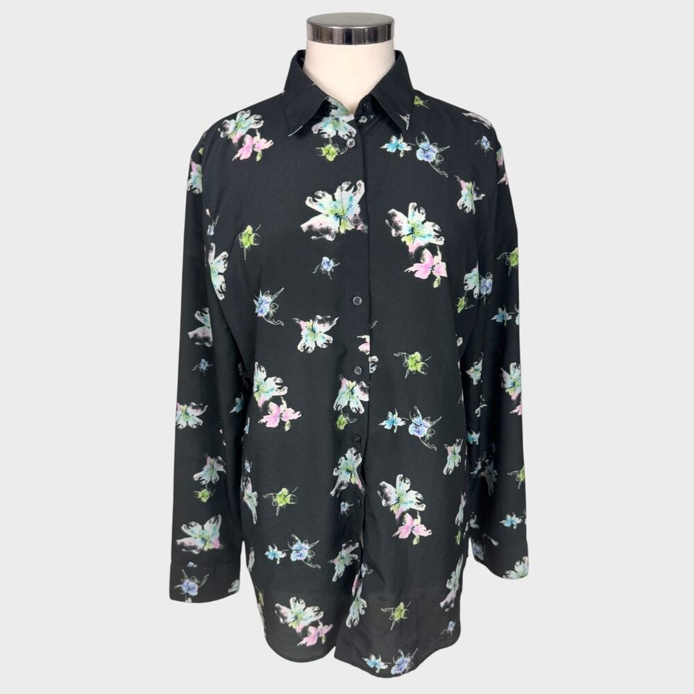 Banana Republic Button Front Blouse Size Large Black Floral 100% Polyester